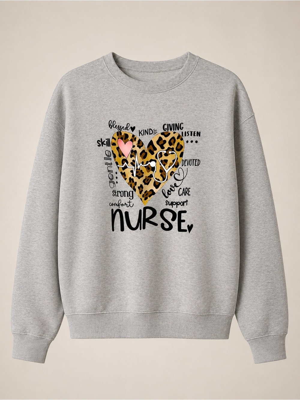 Leopard Heart Nurse Sweatshirt - Gray with Pink Accent